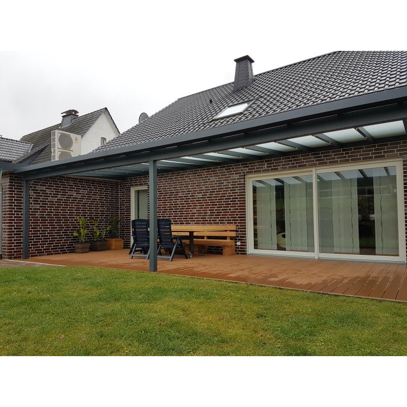 Breite: 3,00 m | TCC Terrassenüberdachung mit Überstand VSG–Glas 8,76 mm (Tiefe wählbar)