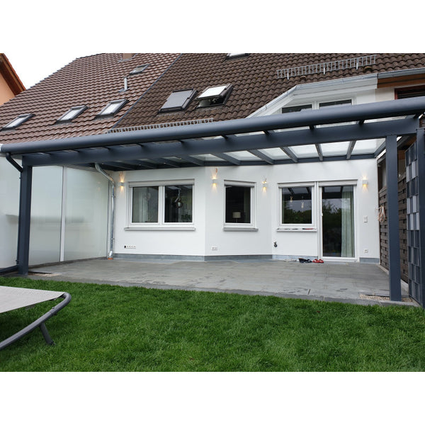 Breite: 5,00 m | TCC Terrassenüberdachung mit Überstand VSG–Glas 8,76 mm (Tiefe wählbar)